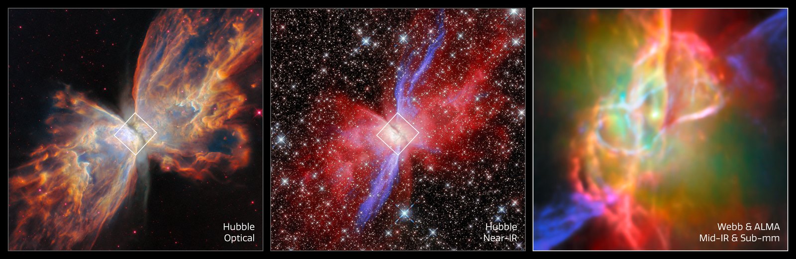 Туманность Бабочка NGC 6302: снимки «Хаббла», «Джеймса Уэбба» и ALMA